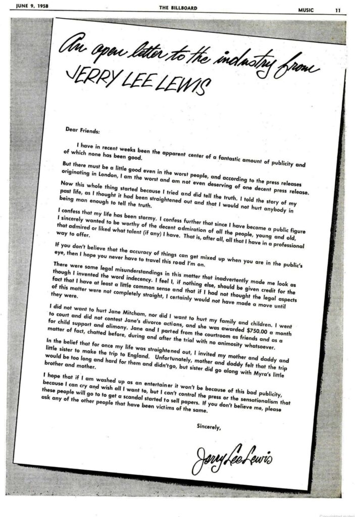 Apologize letter jerry lee lewis a1958